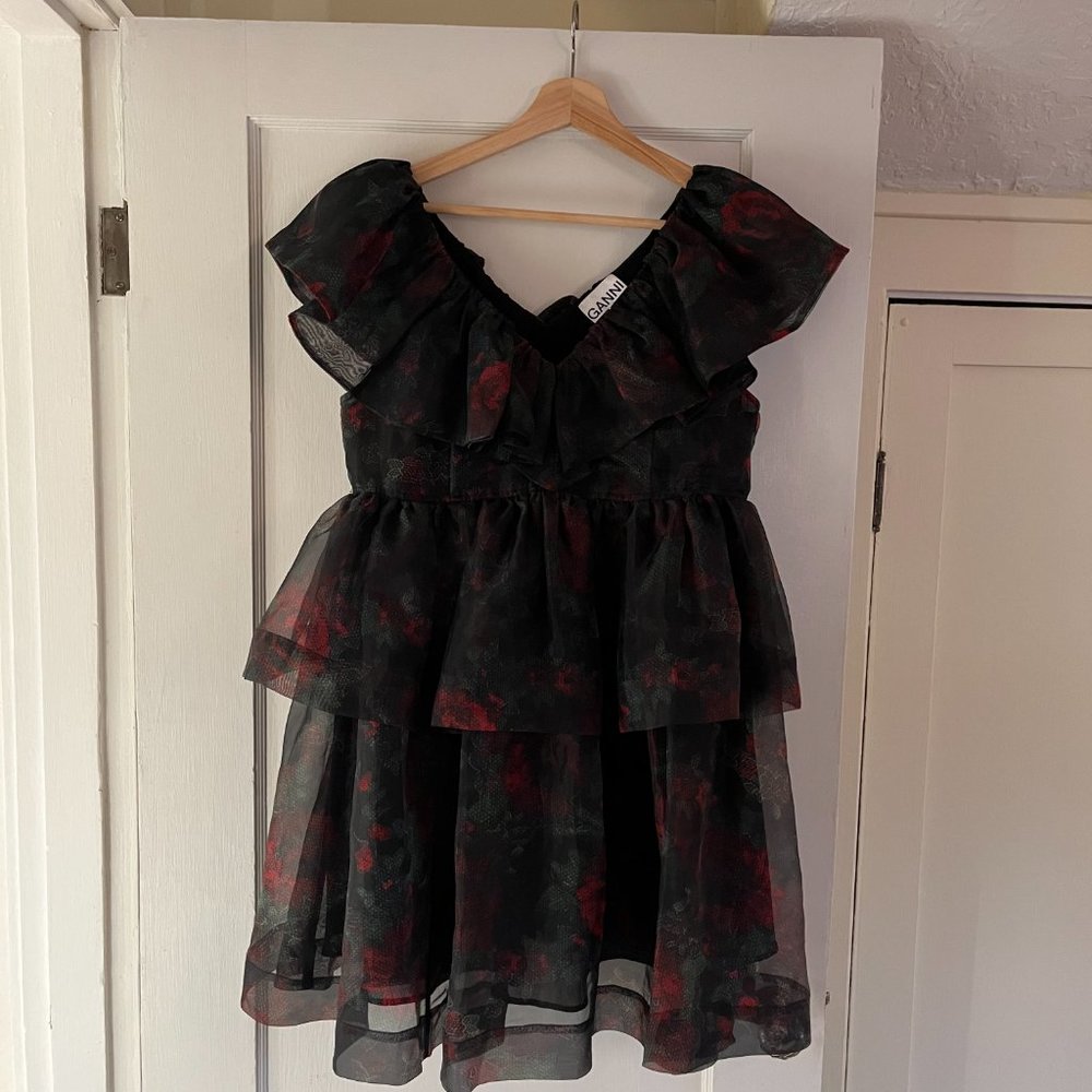 Tiered Rose-Print Organza Dress - Black Red | Size: M | US 6 | UK36 - Picture 5 of 11